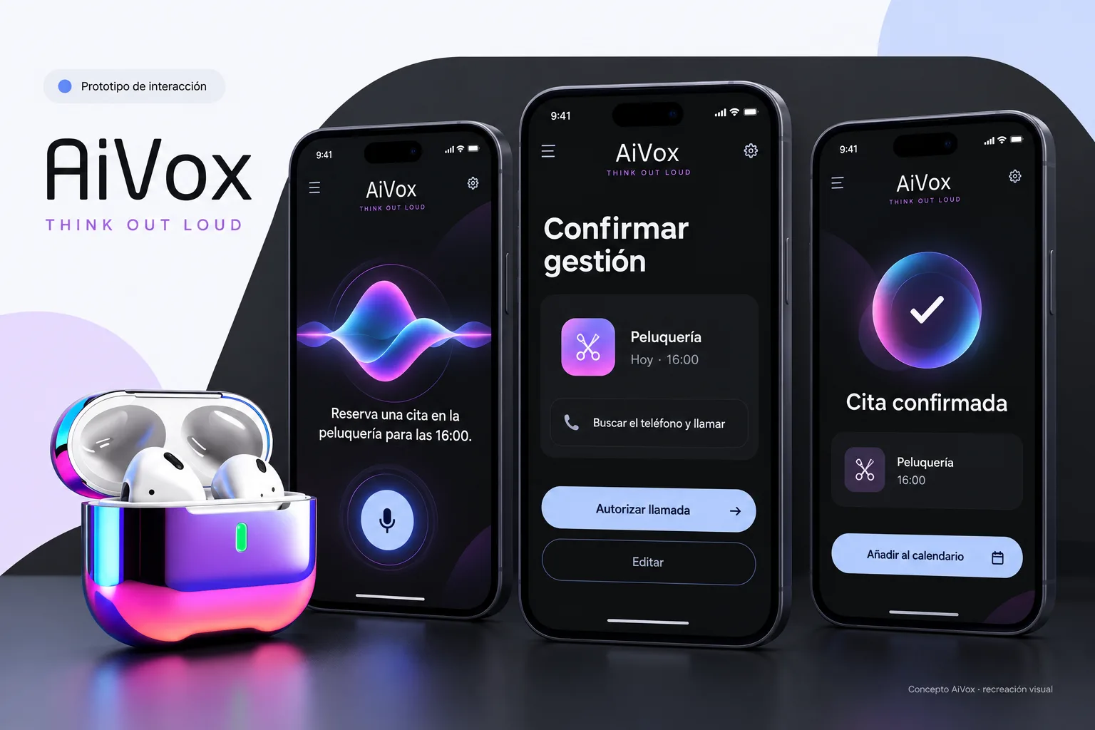 Prototipo de interacción de AiVox: reservar una cita por voz, confirmar la gestión y añadirla al calendario
