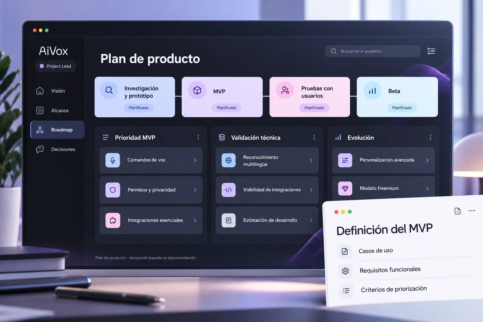 Plan de producto de AiVox: roadmap, prioridad del MVP, validación técnica y definición del MVP