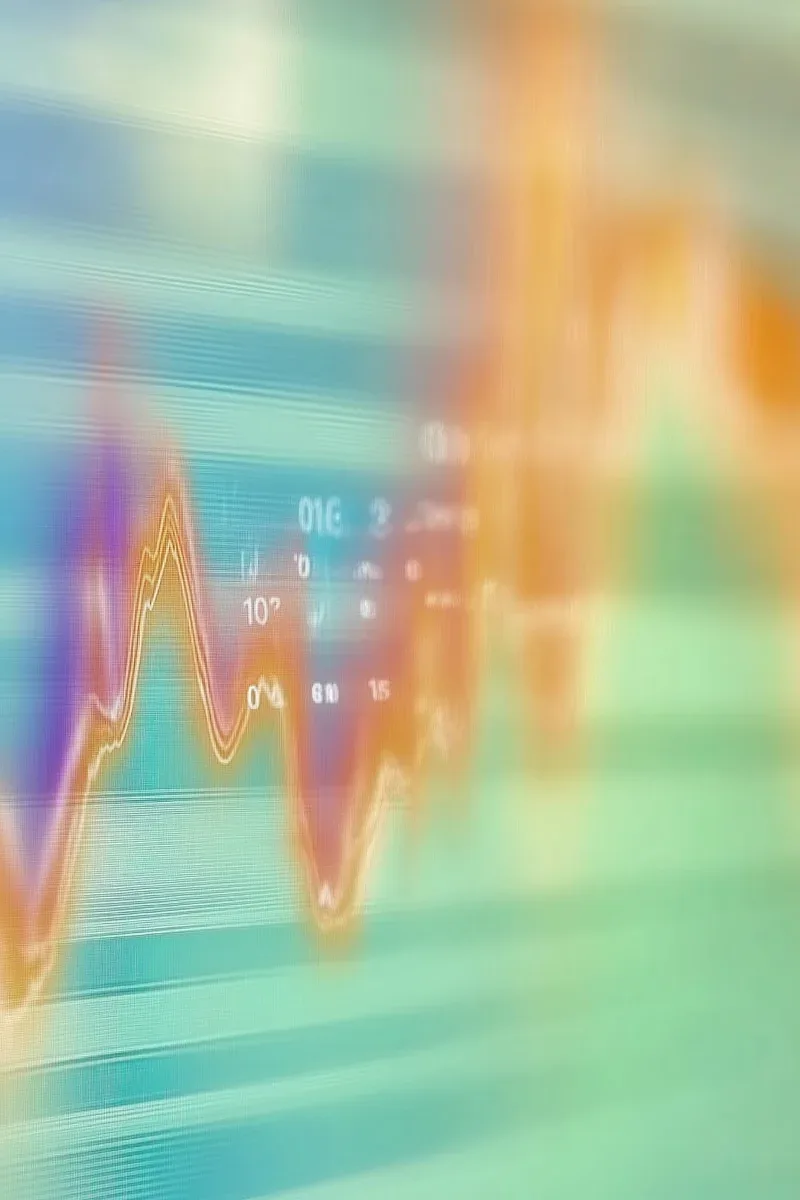 Gráfica de datos abstracta en tonos verde, azul y naranja