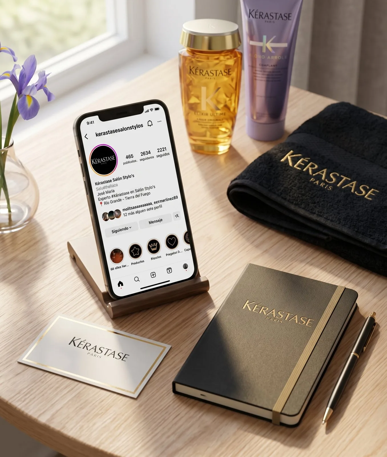 Perfil de Instagram de Kérastase Salón Stylo’s junto a productos Kérastase