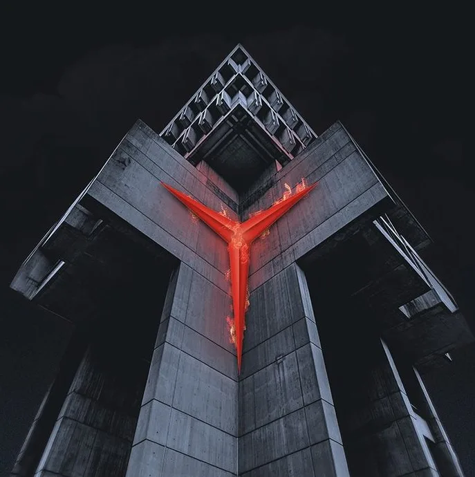 Pieza de Lenovo Legion: el símbolo Y en una torre de hormigón