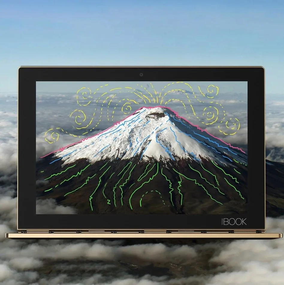 Pieza de Lenovo Yoga Book con un volcán dibujado