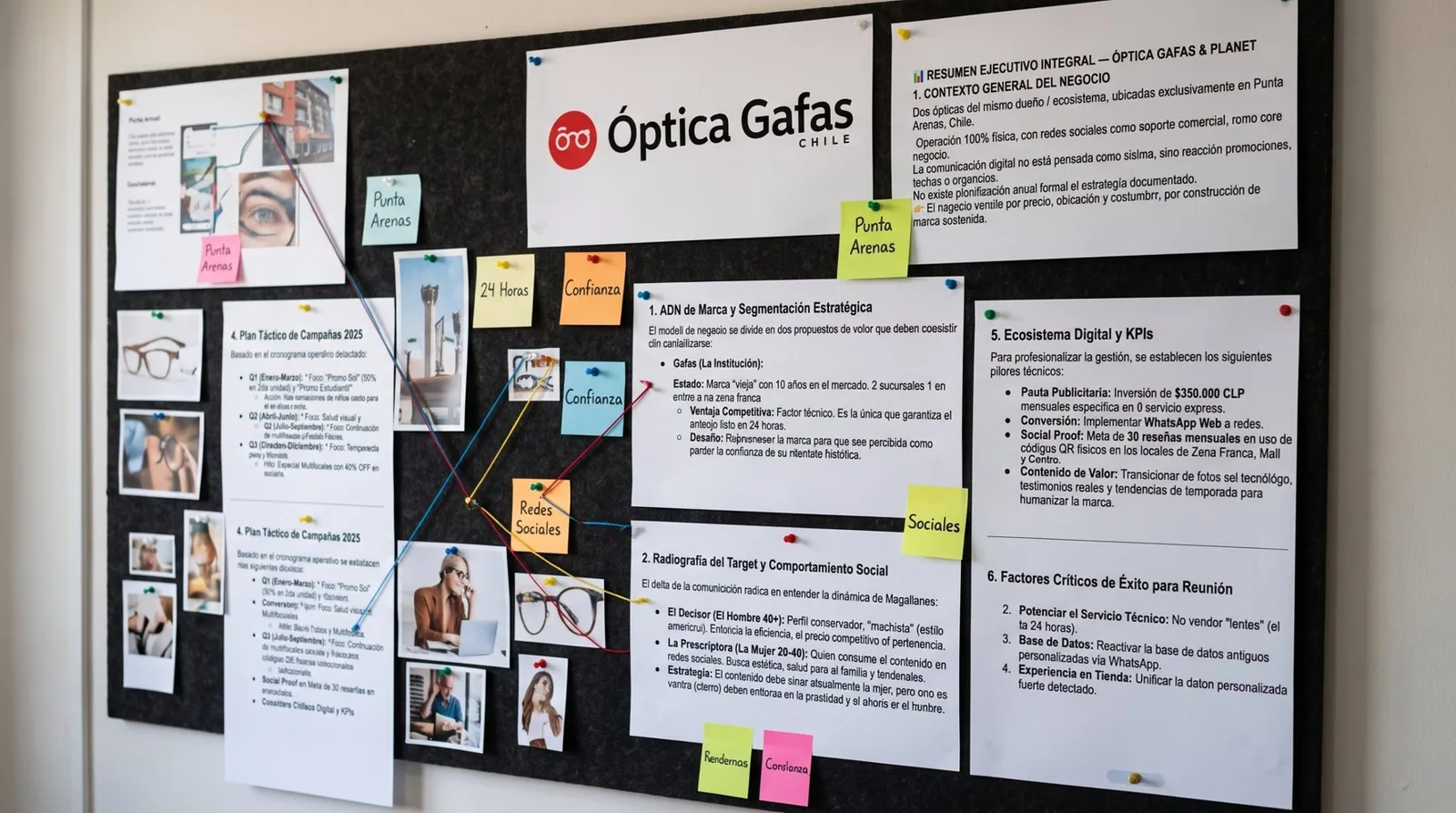 Tablero de estrategia de Óptica Gafas: contexto, ADN de marca, target, plan táctico y KPIs