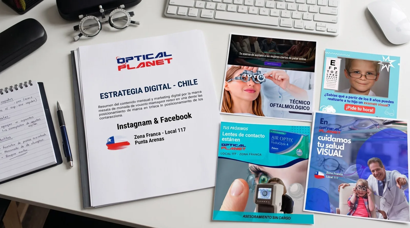 Estrategia digital de Optical Planet para Chile, con piezas para Instagram y Facebook