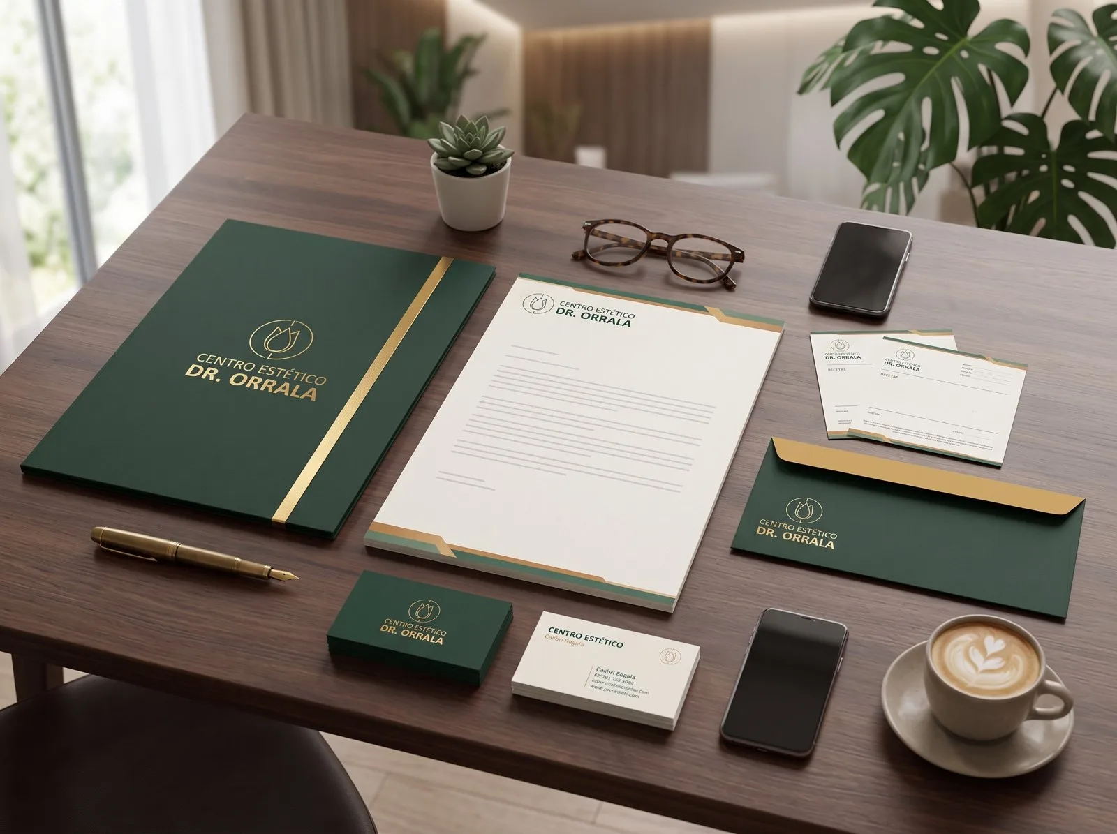 Set de papelería del Centro Estético Orrala: carpeta, sobre, hoja membretada y tarjetas