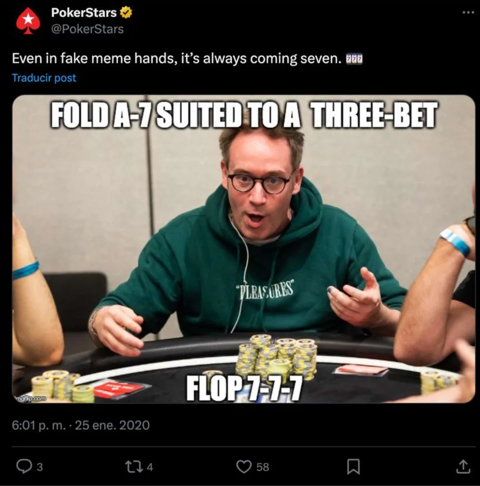Publicación de PokerStars en X con un meme de póker