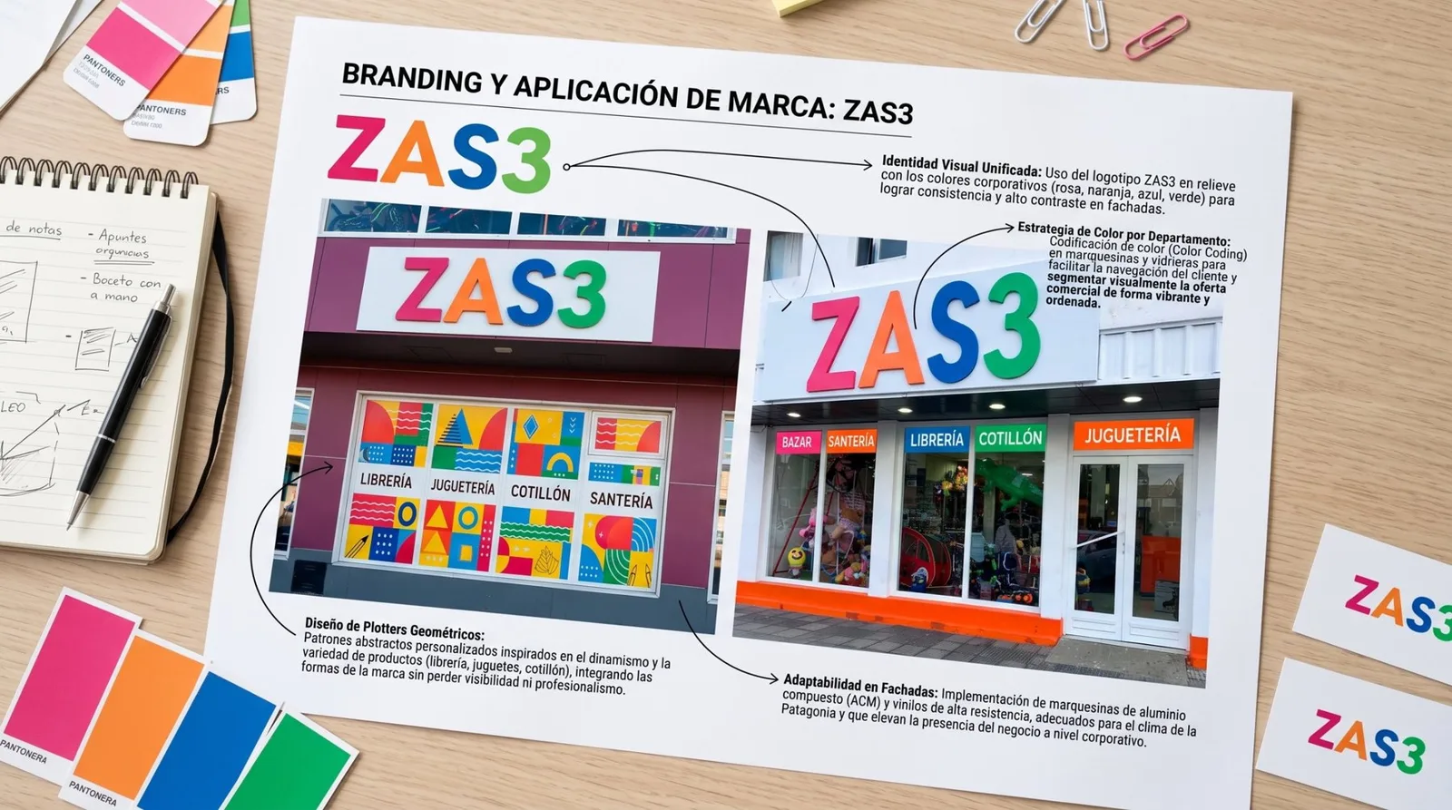 Branding y aplicación de marca de ZAS3 en fachadas y vidrieras