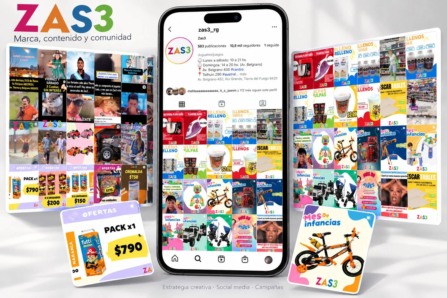 Perfil de Instagram @zas3_rg y campañas de ZAS3: ofertas, Mes de las Infancias y Navidad